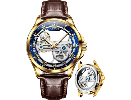 VEANXIN Reloj mecánico automático de oro rosa hueco impermeable para hombre(marrón-azul)