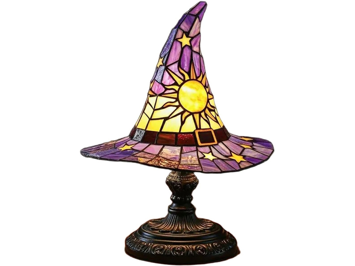 Luz de noche con forma de sombrero de bruja y vitral, perfecta para decoración de Halloween, recargable por USB, 30 cm, color morado