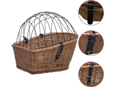 vidaXL Cesta Trasera de Bicicleta con Tapa Canasta Vintage y Rústico de Transporte de Mascotas con Cable de Protección Sauce Natural