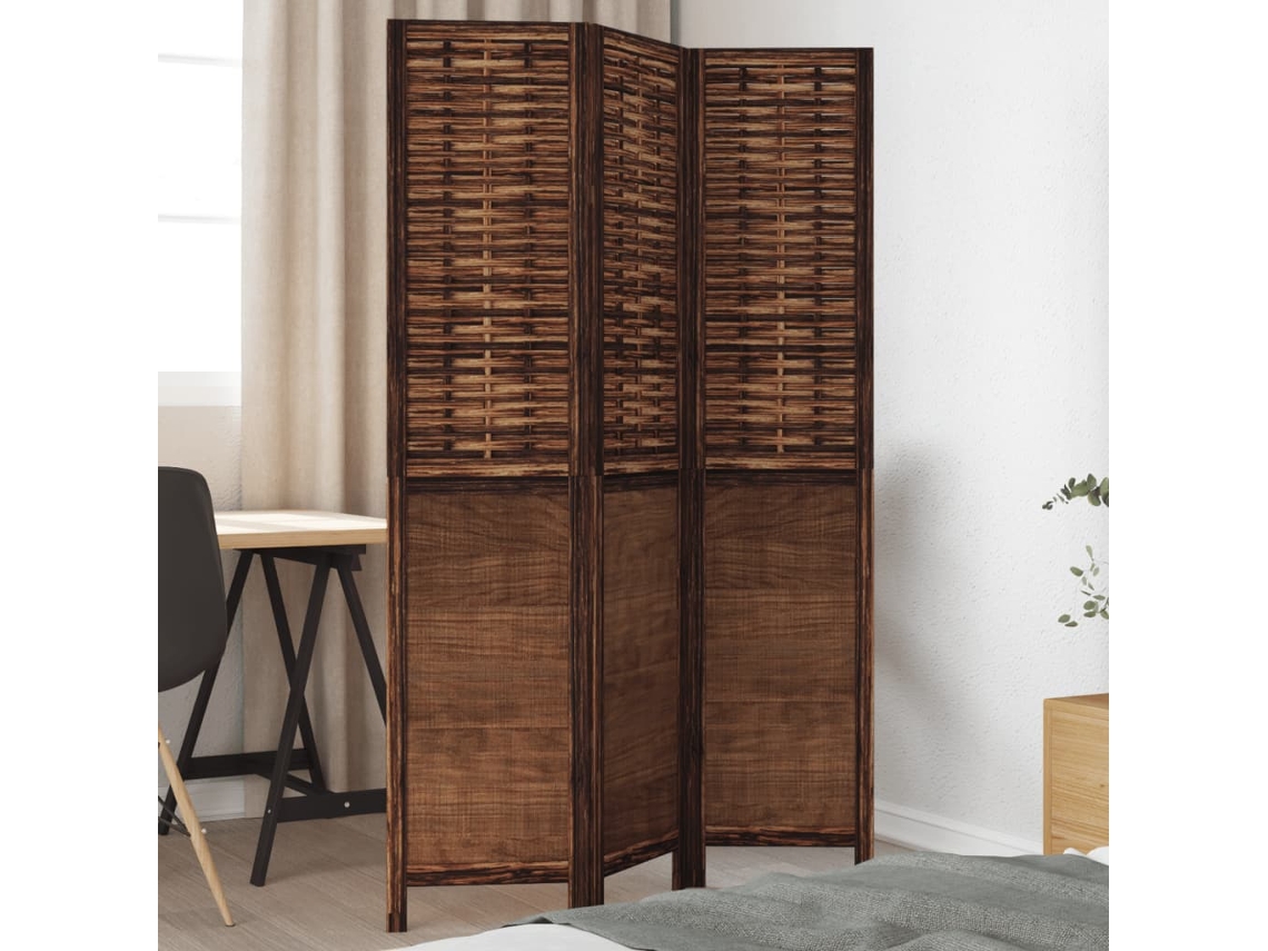 Biombo Separador De 3 Paneles Madera Paulownia Marrón Oscuro