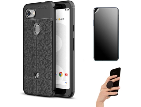Kit Carcasa Y Protector Google Pixel 3A Ultimatte Rugged Leather Y Popsocket Negro