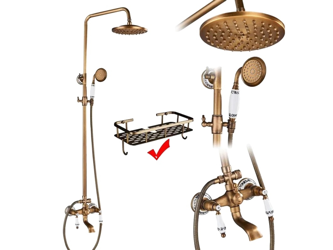 Kit de ducha de latón antiguo, diseño de doble manija, funcionalidad de altura ajustable, soporte de latón antiguo y