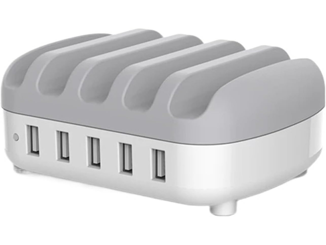 Estación de carga USB SFUSHOS con múltiples puertos, soporte y adaptador.