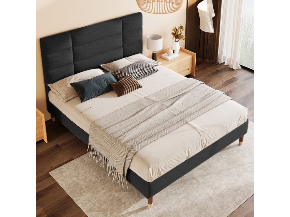 Cama Doble De 140x200 Cm, Cabecero Tapizado, Tela De Lino Negro, Colchón No Incluido.