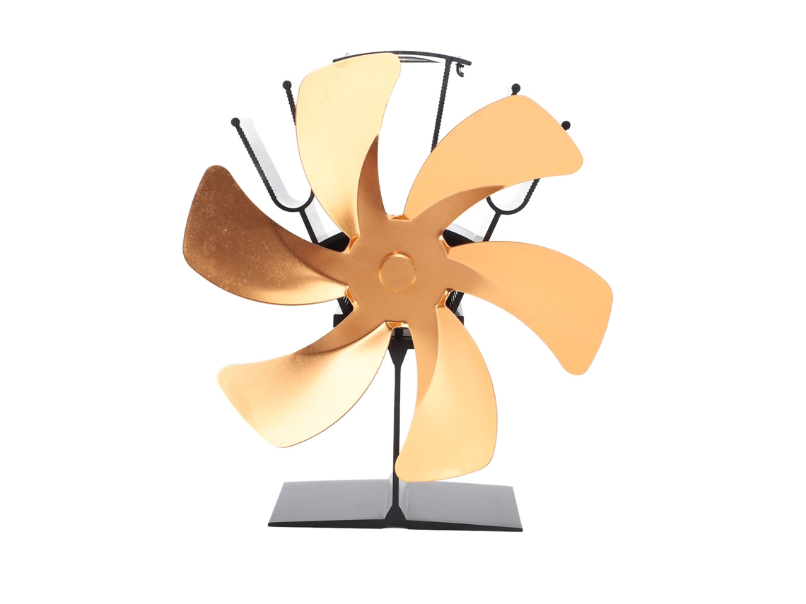 Ventilador vertical para estufa, 6 aspas, acabado dorado.