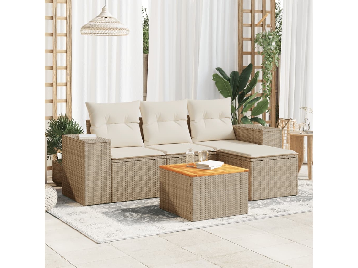 Conjunto de sofá de jardín de 5 piezas con cojines, mimbre sintético beige, Dkd Home Decor