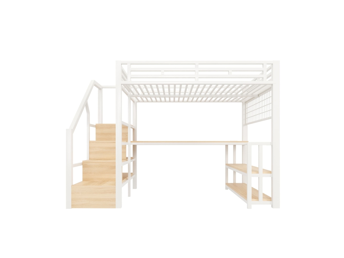 Litera alta de 140x200 - Estructura metálica, estantería, escritorio, LED, USB, Tipo-C - Blanca