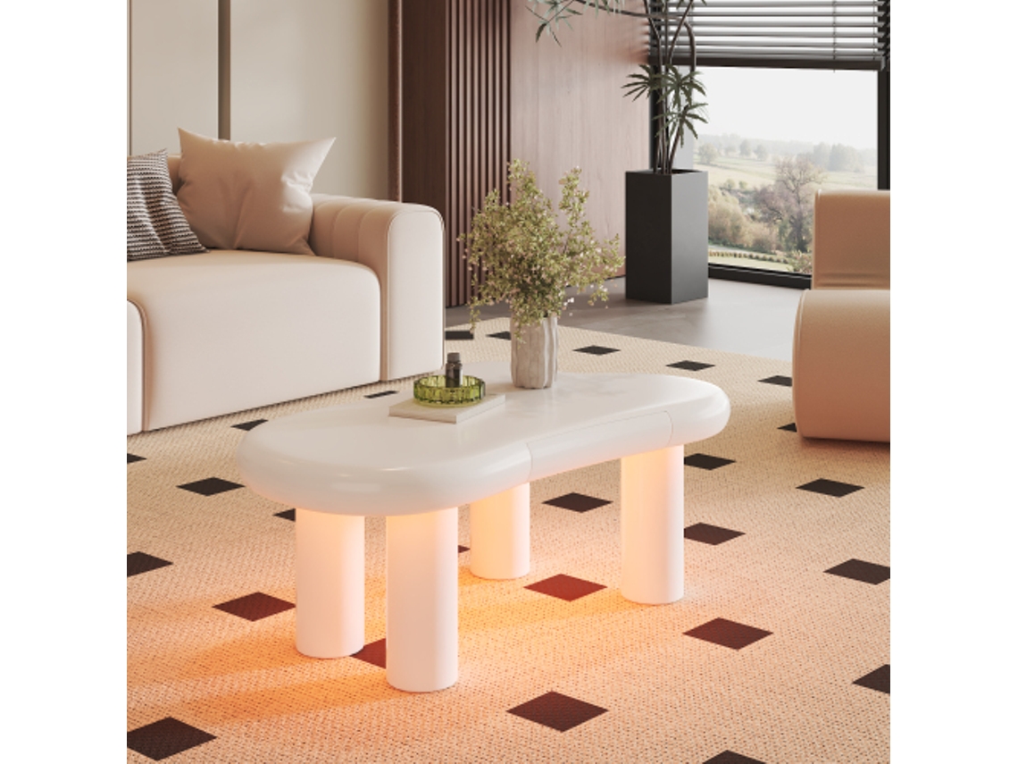 Mesa de centro blanca en forma de nube, fabricada en MDF, con luces LED de 16 colores y cajones. (Tablero de fibra de densidad media)