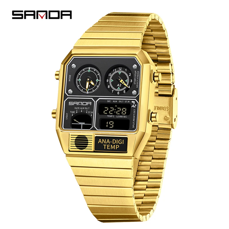 Relógio Digital Led Masculino MDUG com Mostrador Quadrado, À Prova D'água (dourado e preto)