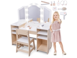 Tocador infantil de madera con silla, espejo grande, iluminación LED y accesorios: juguete creativo que también funciona como escritorio.
