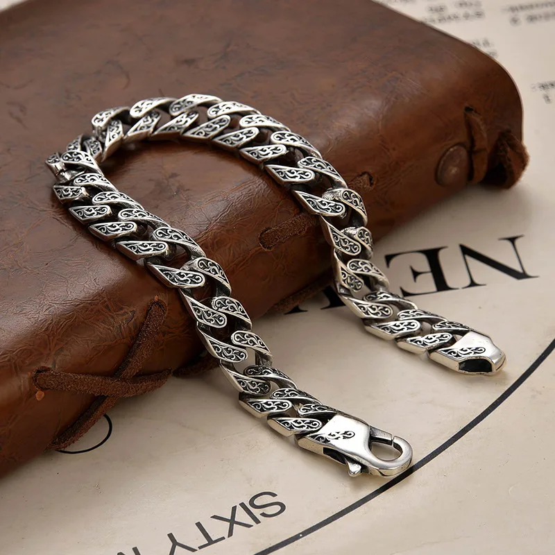 Pulsera De Cadena Cubana Tallada Con Patrón Árabe Y Estilo Retro Chino Para Hombre (22 Cm)