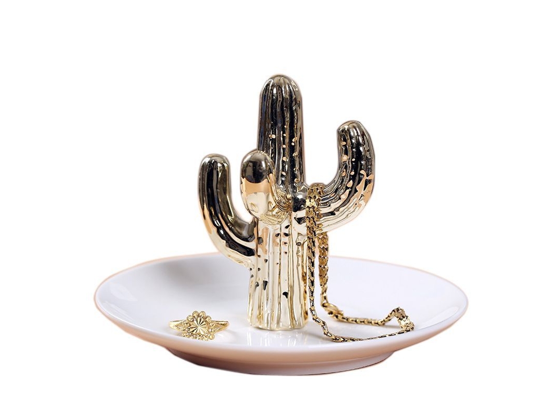 Taza De Joyería Cerámica Cactus Oro, Soporte Anillos Platos Collares Pendientes Exhibidor