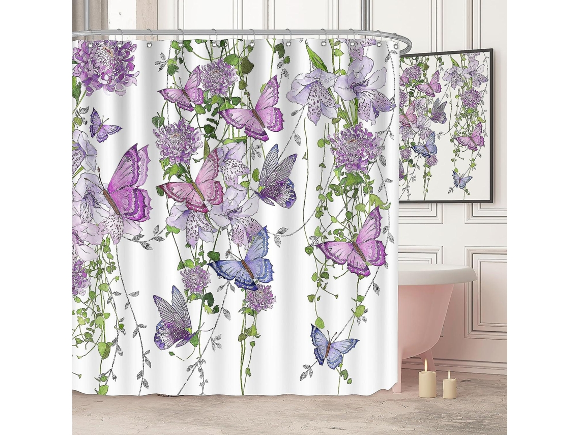 Cortina de ducha con estampado de mariposas moradas, lavanda, morado y rosa, 12 ganchos, Jortmrd (fmy)