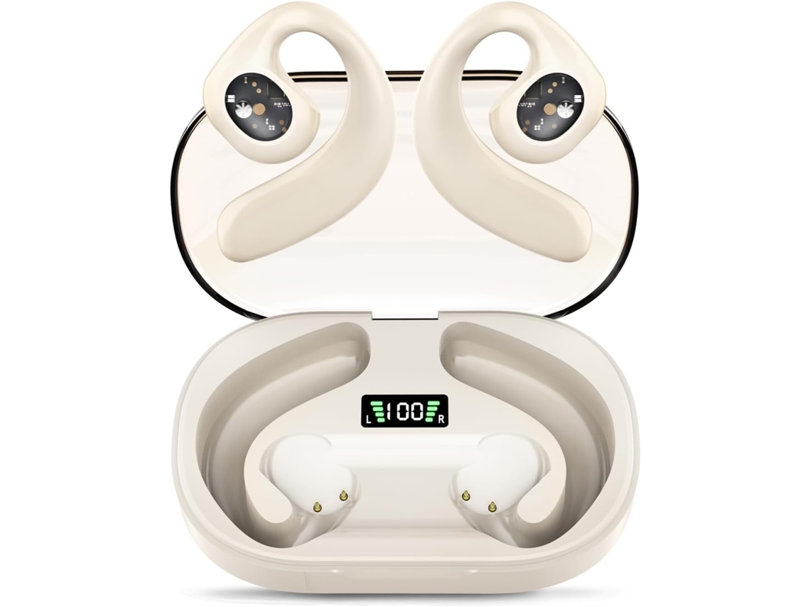 Auriculares YEMAESRE inalámbricos de conducción ósea Bluetooth 5.3 con pantalla digital LED blanca
