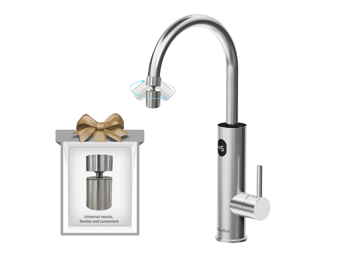 Grifo calentador de agua, calentamiento instantáneo, caño giratorio de 360°, acabado plateado cepillado Pro, OEM UE