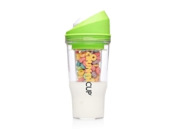 Vaso portátil para cereales 2026 con compartimento para leche, sin cuchara ni tazón, blanco, verde fluorescente.