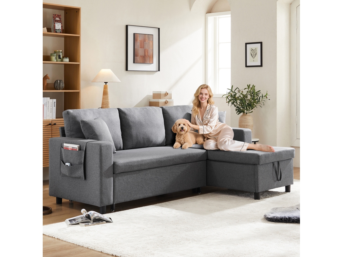 Sofá Cama L-forma 3 Plazas - Chaiselongue Intercambiable, Con Almacenamiento, Gris Oscuro