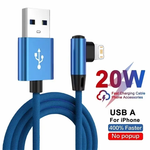 Cable Usb De Datos De Carga Rápida En Ángulo Recto (azul, 1,5 M) Para Iphone, Con Diseño Trenzado Y Curvado.