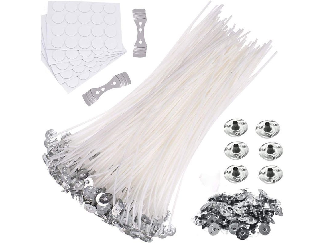 100 Mechas De Cera De Algodón Natural 8 Pulgadas Con 100 Bases Metálicas 5 Pegatinas 2 Portamechas Para Fabricar Velas Diy