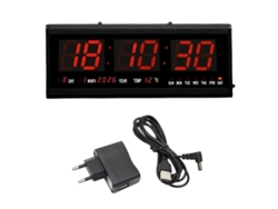 Reloj de pared digital grande con calendario, temperatura y alarma LED de batería (rojo)