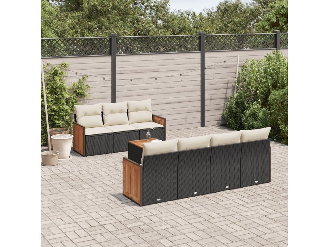 Conjunto de 8 sofás de jardín con cojines de mimbre sintético negro, Dkd Home Decor