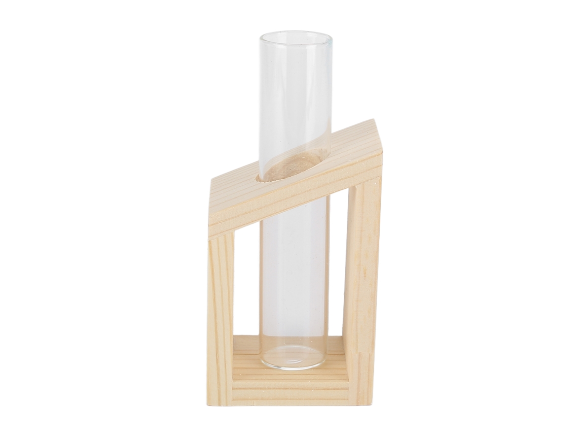 Jarrón tubular de vidrio con soporte de madera para plantas | Sin marca