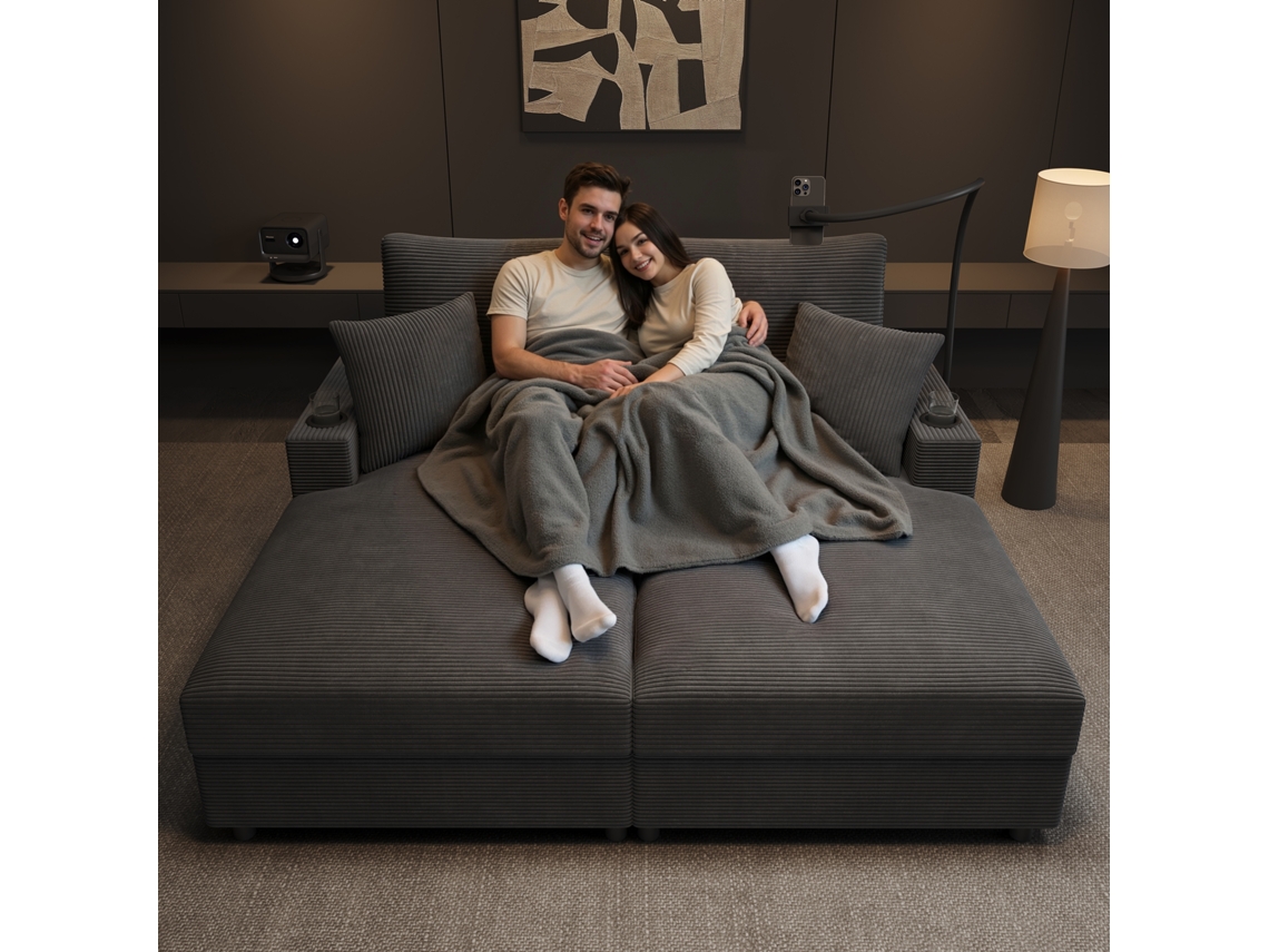 Sofá cama XXL con función cama, superficie acolchada, soporte para celular, puerto USB y portavasos, muebles grises