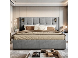 Cama De Matrimonio Con Almacenamiento, Somier De Láminas, 160 X 200 Cm, Tapizada En Terciopelo, Con Luz De Lectura Y Color Gris.