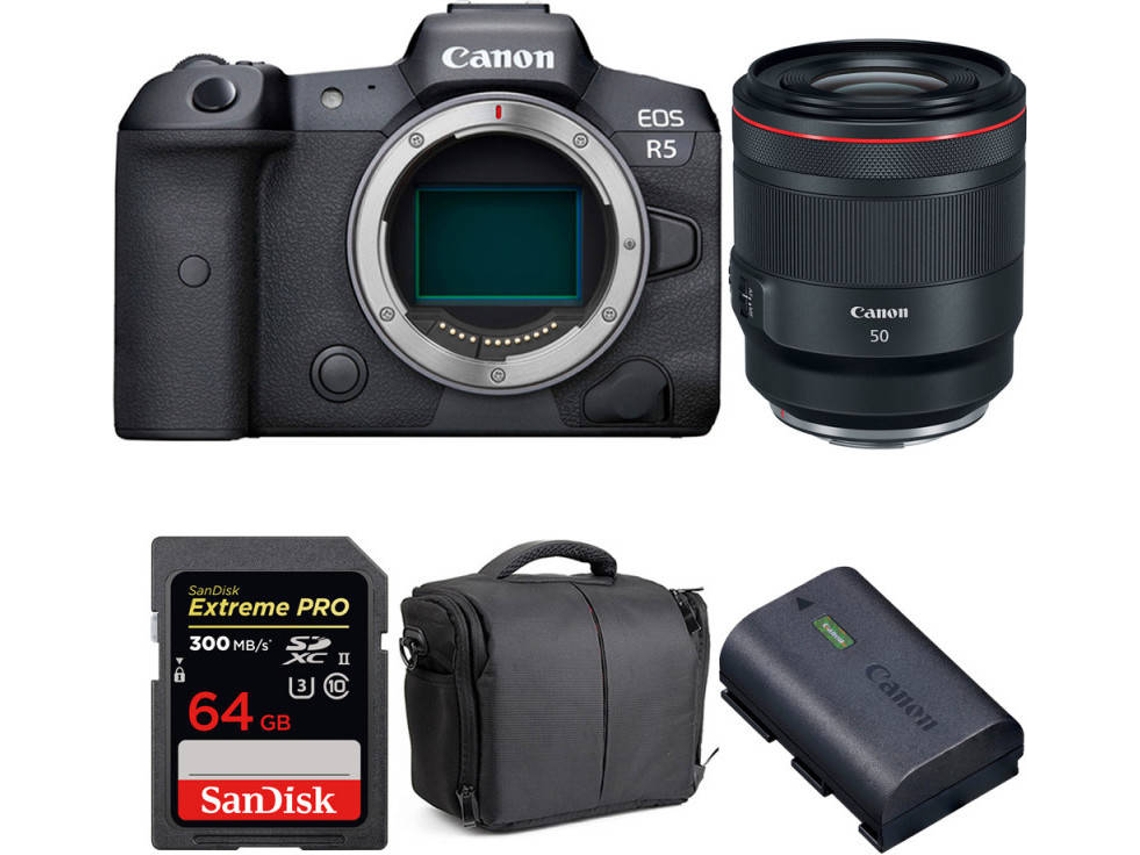 Kit Cámara CANON EOS R5 RF 50mm f/1.2L USM + SanDisk 64 GB + Batería + Bolsa (Full-Frame)