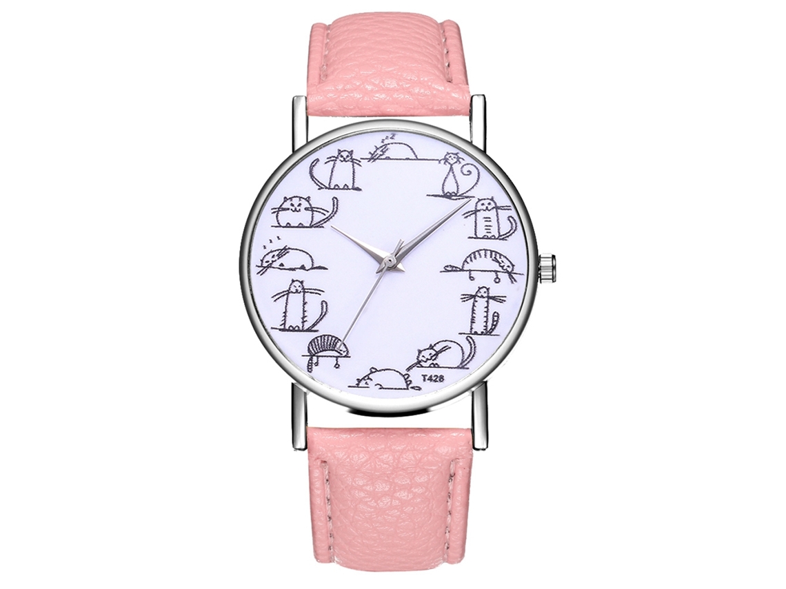 Reloj De Pulsera De Cuarzo Para Mujer Con Correa De Piel Rosa Con Estampado Animal - Moda