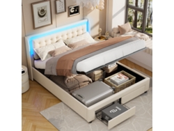 Cama Doble De 180 X 200 Cm, Tapizada Con Led Y 2 Cajones, Con Espacio De Almacenaje Y Somier De Láminas, En Terciopelo, Blanca, Sin Colchón