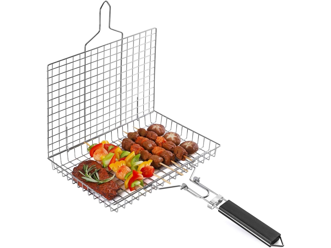 FNINIJEDE Cesta Para Grelha Com Alça Removível, Cesta Para Grelhar Churrasco Em Aço Inoxidável, Design Dobrável Portátil Para Peixes, Vegetais, Camarão, Equipam