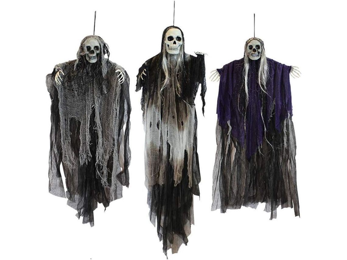 Conjunto De 3 Adornos De Halloween Con Esqueletos Colgantes Y La Parca Para Decoración Exterior De Halloween.