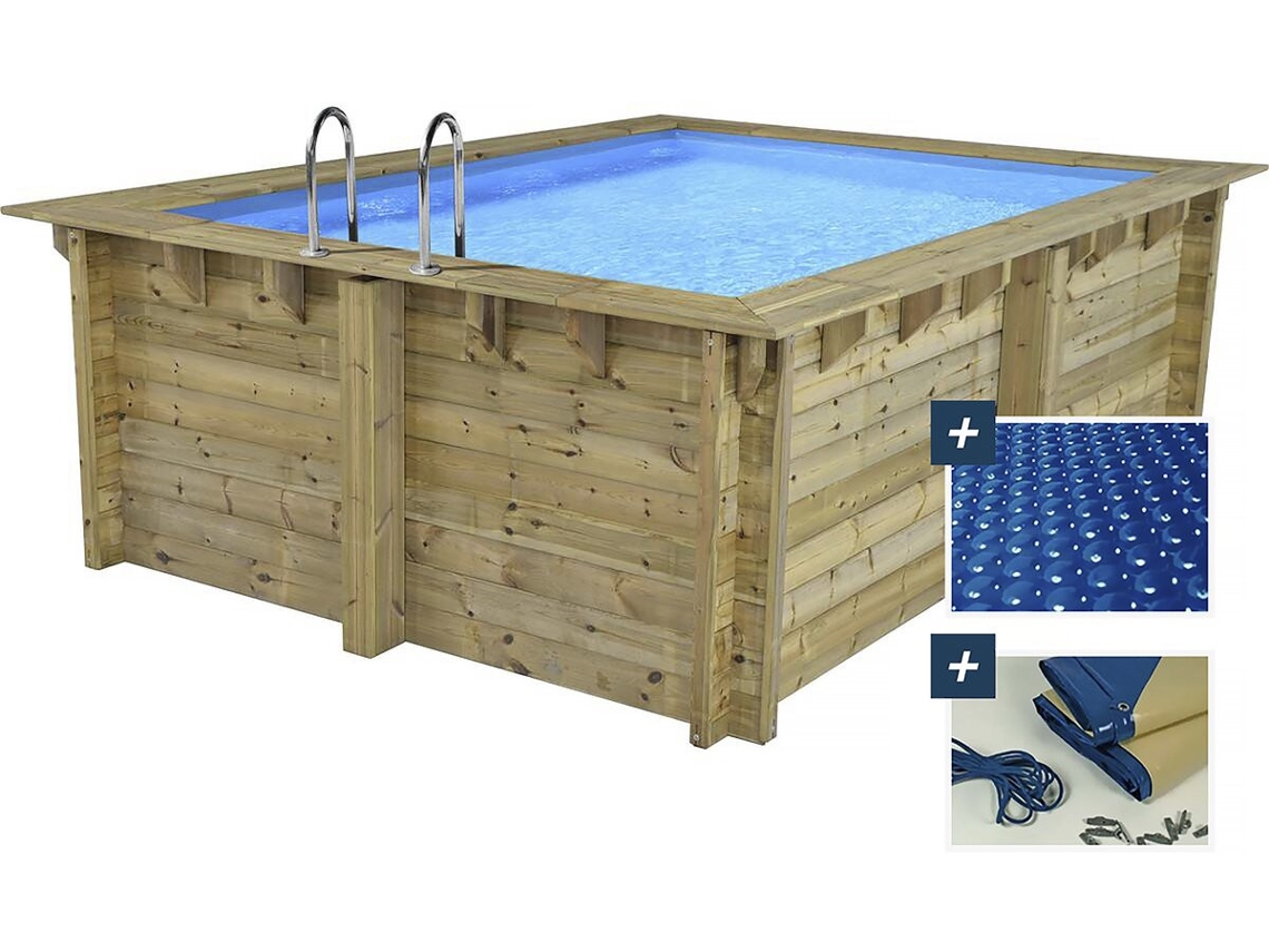 Piscina rectangular de madera Maldivas 3,20 x 3,20 x 1,24 m Cubierta de burbujas 180 m² Cubierta de invierno 280 g/m² Habitat Et Jardin