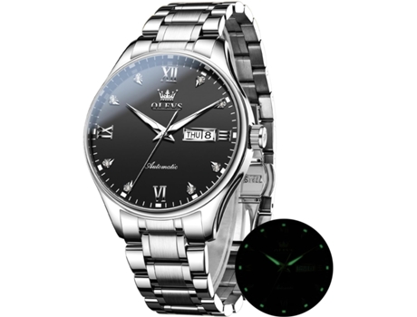 VEANXIN Reloj automático para hombre Calendario mecánico Reloj de negocios de acero inoxidable luminoso resistente al agua(Negro plata)