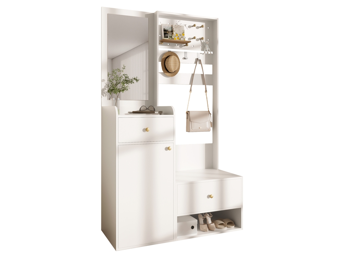 Armario compacto, moderno y multifuncional, elegante mueble blanco con espejo, ganchos y estantes ajustables Mc Star
