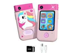 Cámara digital Eifson de 2.8" con pantalla táctil y cámara giratoria, tarjeta SD de 32 GB (Unicornio rosa)