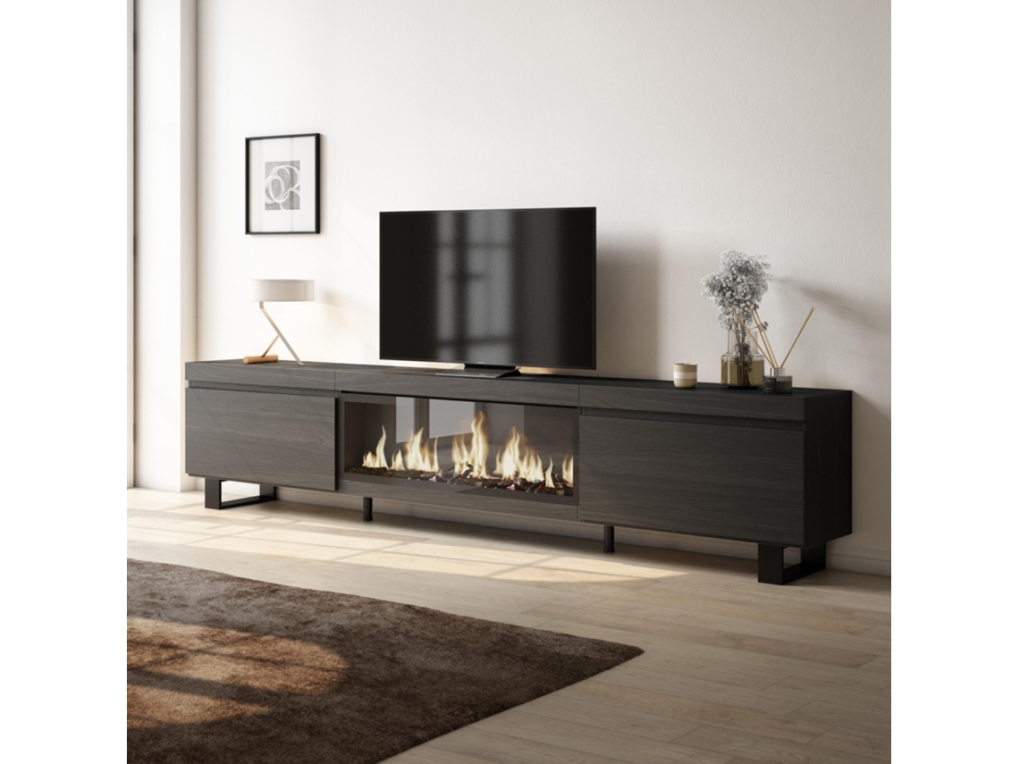 Mueble TV, Televisión, 267x57x35 cm, Para TV gran formato, Chimenea eléctrica XXL, Diseño industrial, Negro SKRAUT HOME