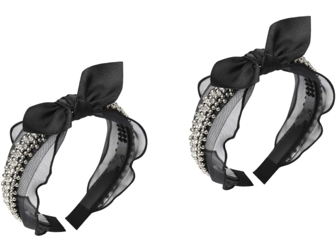 Faixa De Cabelo Larga De Duas Peças Com Laço E Renda Feita À Mão Na Cor Preta - Acessório Elegante