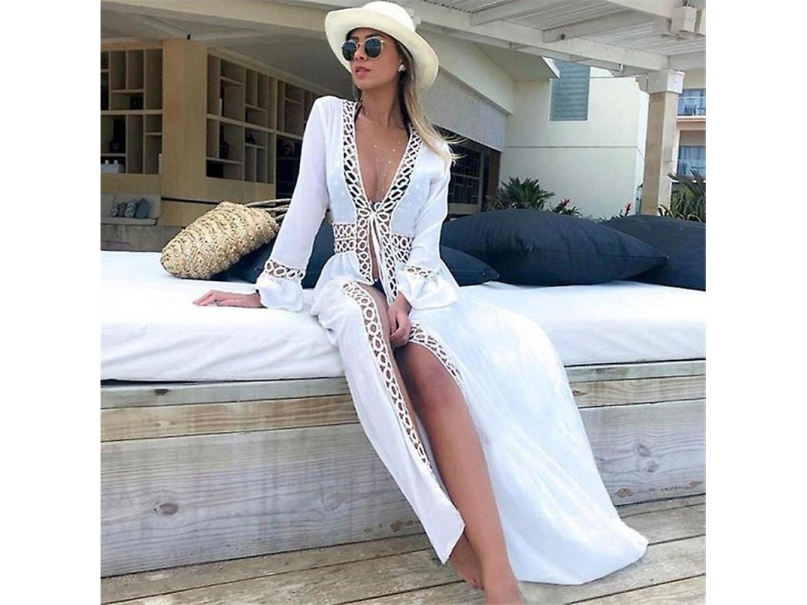 Bata De Playa Larga Maxi Para Mujer, Bata Blanca Con Cuello En V, Pareo, Túnica, Traje De Baño, Moda Casual De Verano Vfa