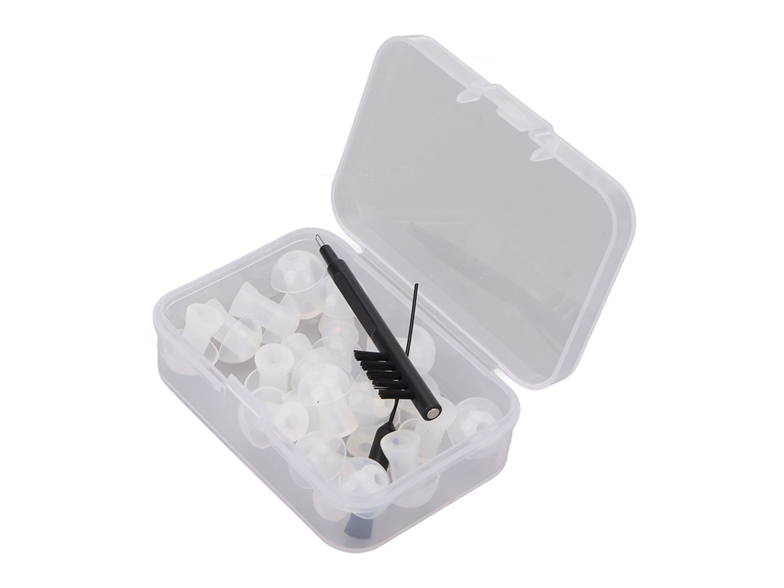 Kit de accesorios para amplificador de audífonos con cúpula, cepillos y estuche de almacenamiento.