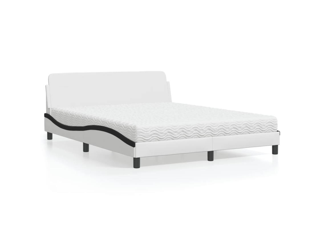 Cama Con Colchón Cuero Sintético Blanco Y Negro 160x200 Cm