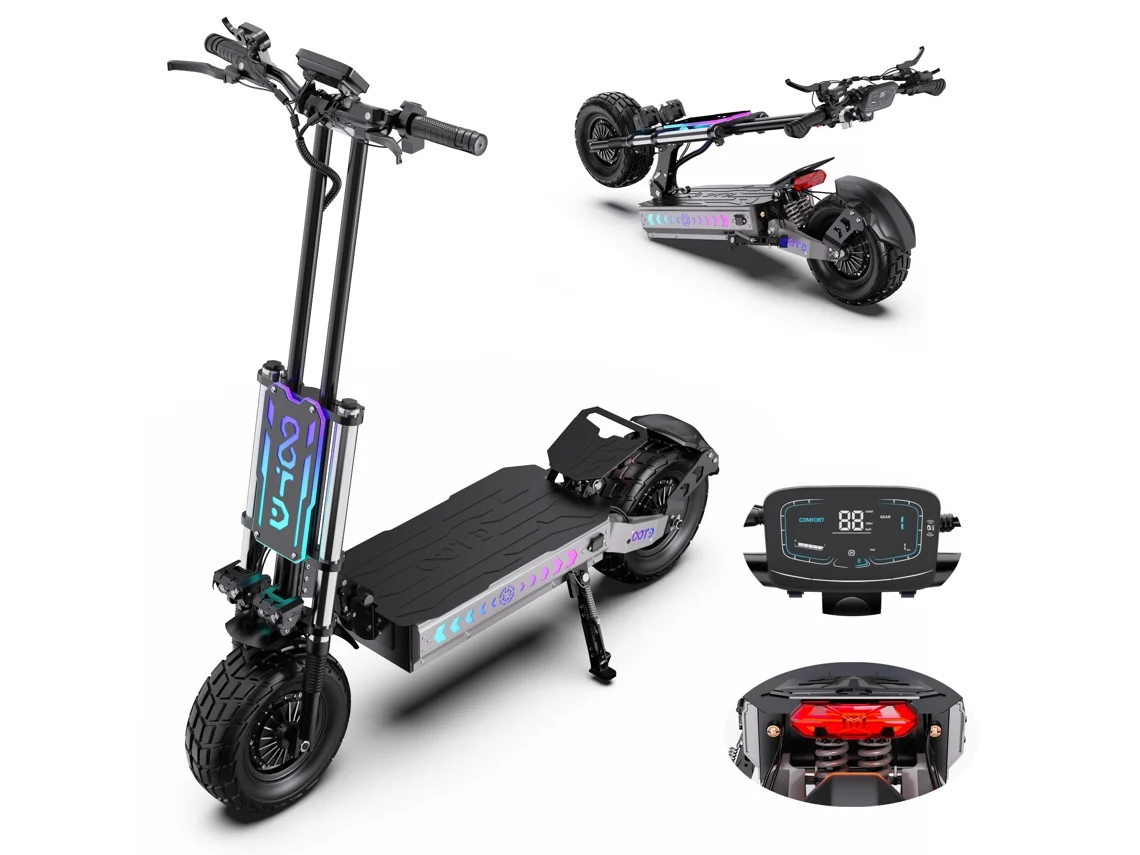 Patinete eléctrico plegable Ootd T90 con doble tracción, motor de 4200 W, batería de 60 V y 31,2 Ah, velocidad máxima de 85 km/h, neumáticos de 13 pulgadas y aplicación.