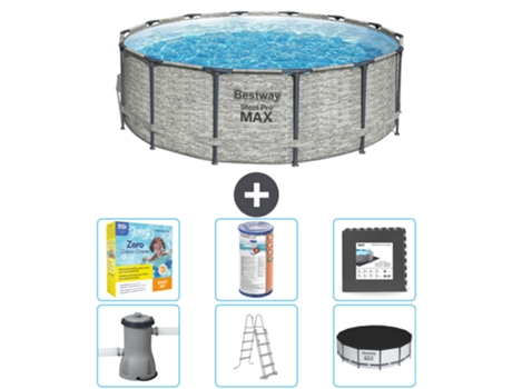 Piscina BESTWAY Round Steel Pro MAX - Estampado Piedra - 427 x 122 cm - Incluye Bomba - Escalera - Cobertor Accesorios CB35