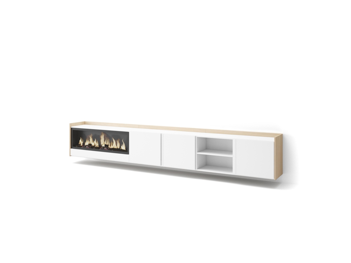 Mueble Tv, Televisión, 315x35x50cm, Para Tv Hasta 80", Chimenea Eléctrica Xxl, Colgado, Suspendido, Blanco Y Roble Soft