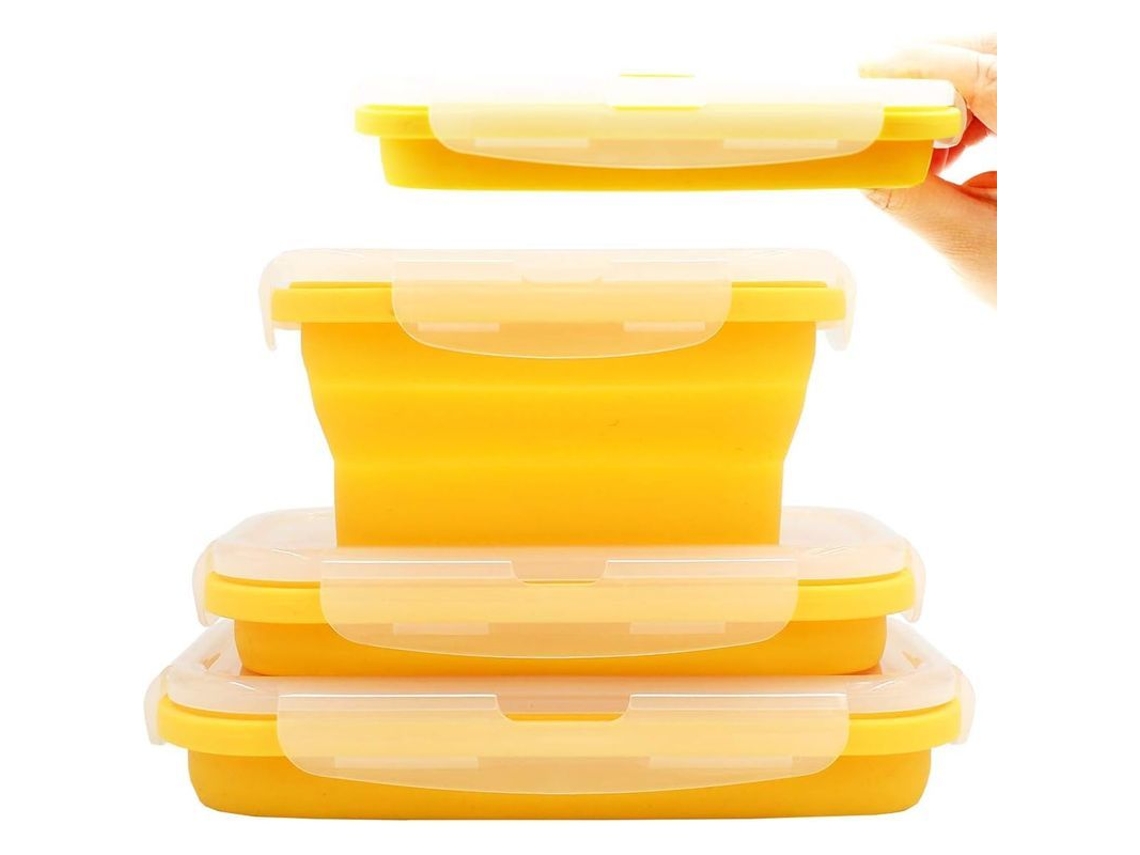 2026da-set De 3 Cajas De Silicona Plegables Para Almuerzo Portátiles, Herméticas, Microondas, Lavavajillas Y Congelador, Amarillo