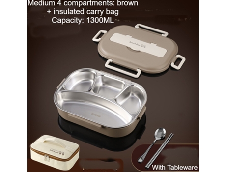 Fiambrera Bento Antigoteo para Adultos-Marrón cuatro rejillas 1300ml (vajilla y bolsa calefactora)-1300ml LUUCOZK