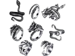 8 Anillos Vintage Punk Ajustables Estilos Pulpo Dragón Serpiente Clavo Lobo