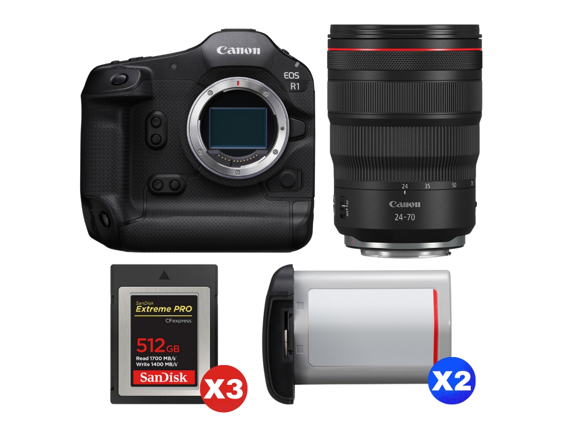 Canon Eos R1 + Rf 24-70mm F/2.8 L Is Usm + 3 Sandisk 512gb Extreme Pro Cfexpress Type B + 2 Canon Lp-e19 + Ebook Pricedirect