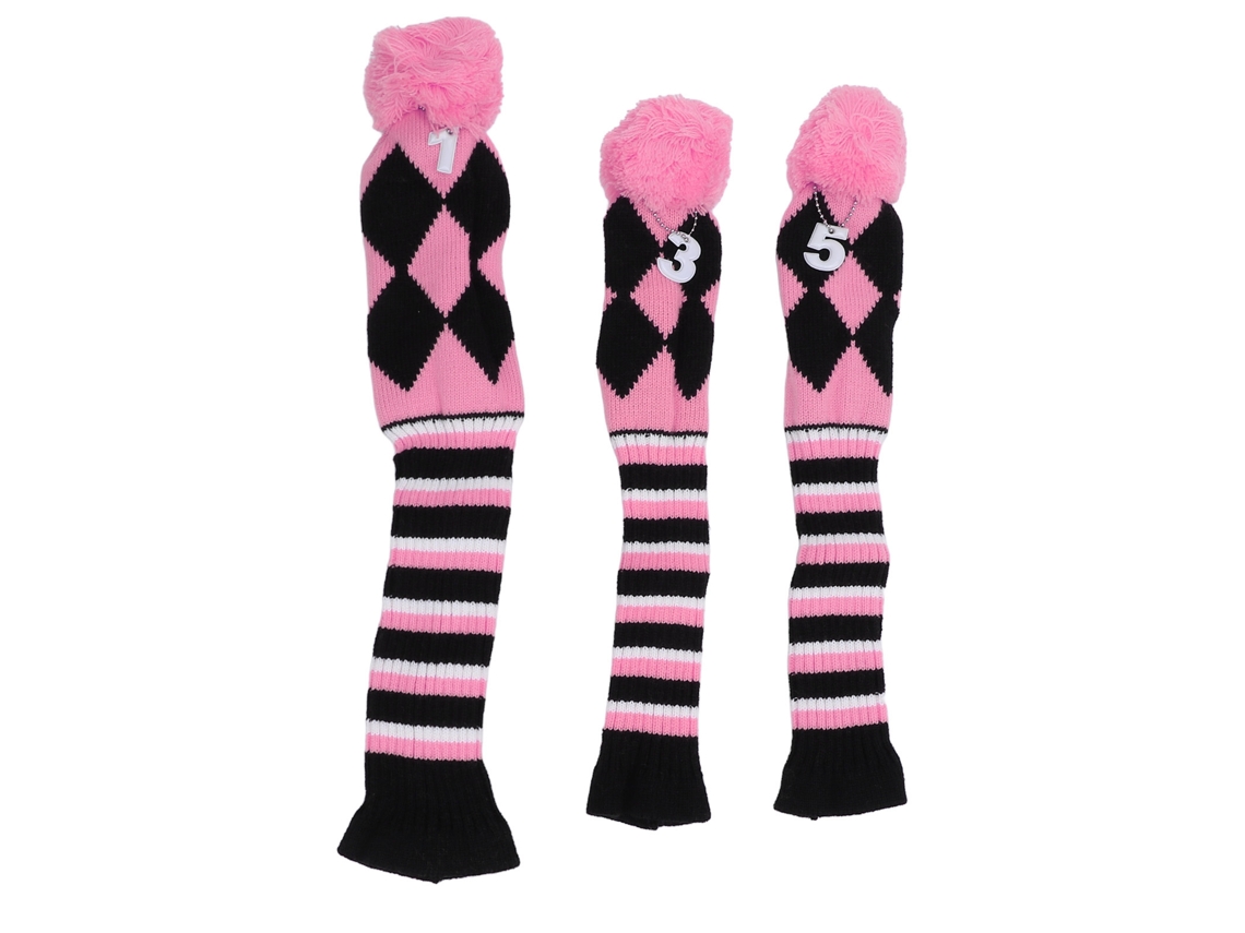2026-3pcs Fundas Para Cabezas De Palos De Golf Tejidas Con Pompon Patrón Fino Protector Rosa Negro